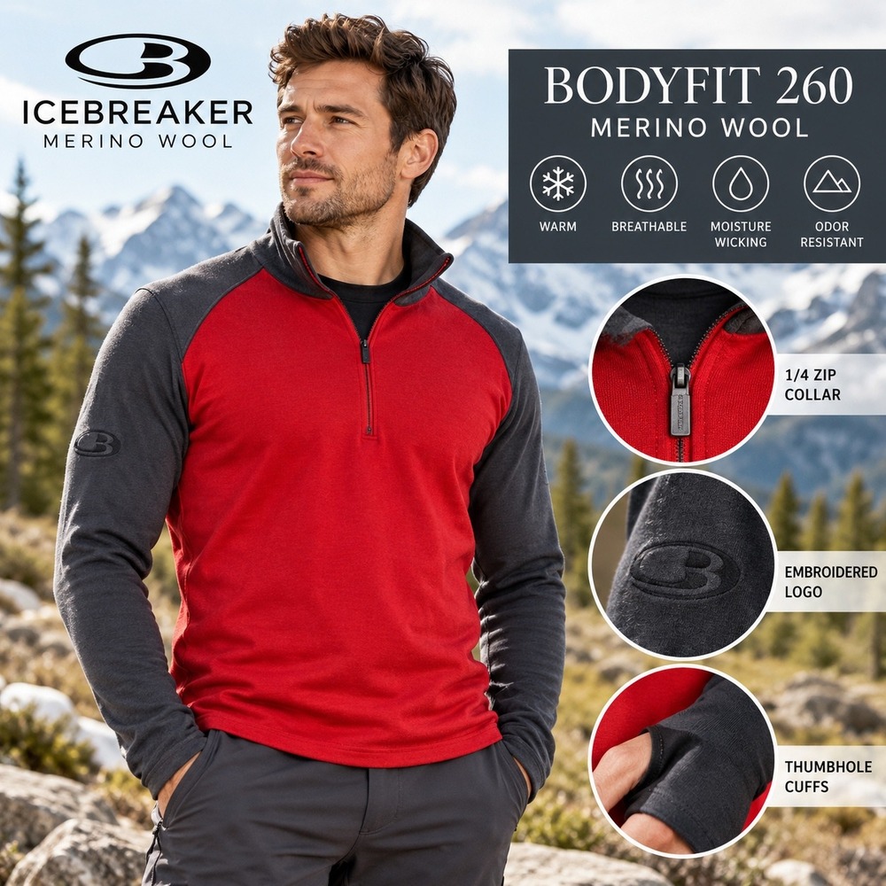 Icebreaker Merino 260 Bodyfit Mens Medium 1/4 Zip Base Layer Red Gray Thumbholes
